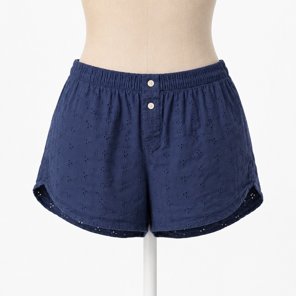 Eyelet Lace 100% Cotton Elastic Waist Shorts Size Large Navy Blue Casual Beach